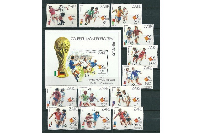 ZAIRE 1982 - C.M. DE FOTBAL SPANIA 82 - SERIE DE 12 TIMBRE+BLOC NESTAMPILAT - MNH / sport133